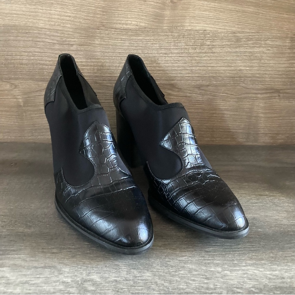 INTENTIONALLY BLANK Black Croc-Embossed Leather Ankle Booties